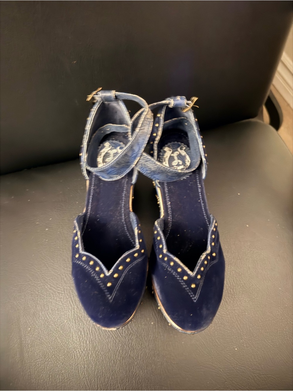 Women’s Navy Velvet Ankle-Strap Heels with Stud Detailing